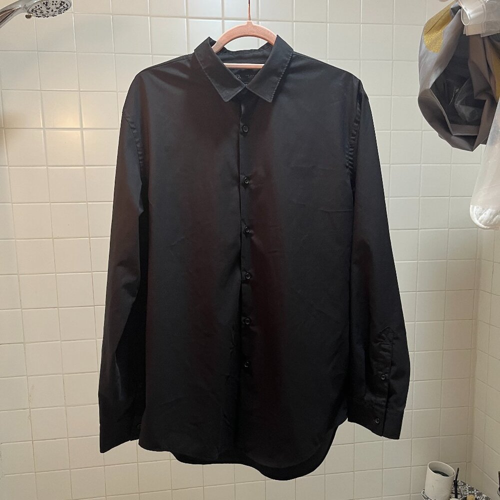 Zara Men Black Slim Fit Button Down Shirt Active Fabric Size XL